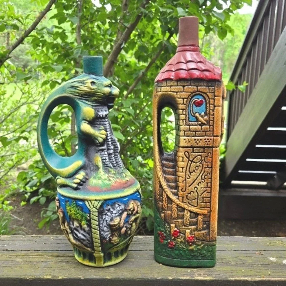 Vintage‎ USSR Georgian Ceramic Wine Bottle Pair Tower Lion Decanter